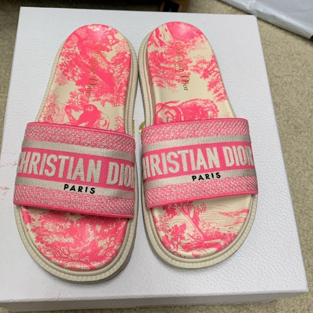 Dior White and Fuchsia Slide Sandals - Picture 2 of 6
